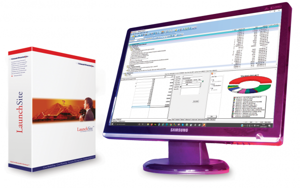 LaunchSite Tender bid estimating and cost planning software box and monitor with screenshot of LaunchSite workspace